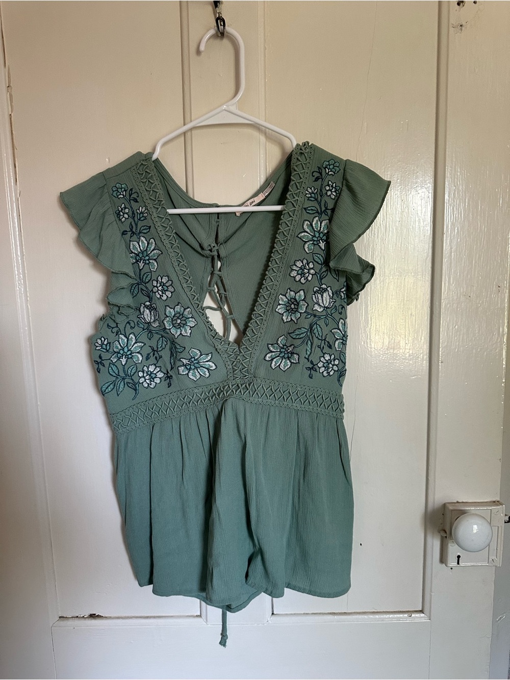 miami Sage Green Floral Embroidered V-Neck Short Sleeve Top